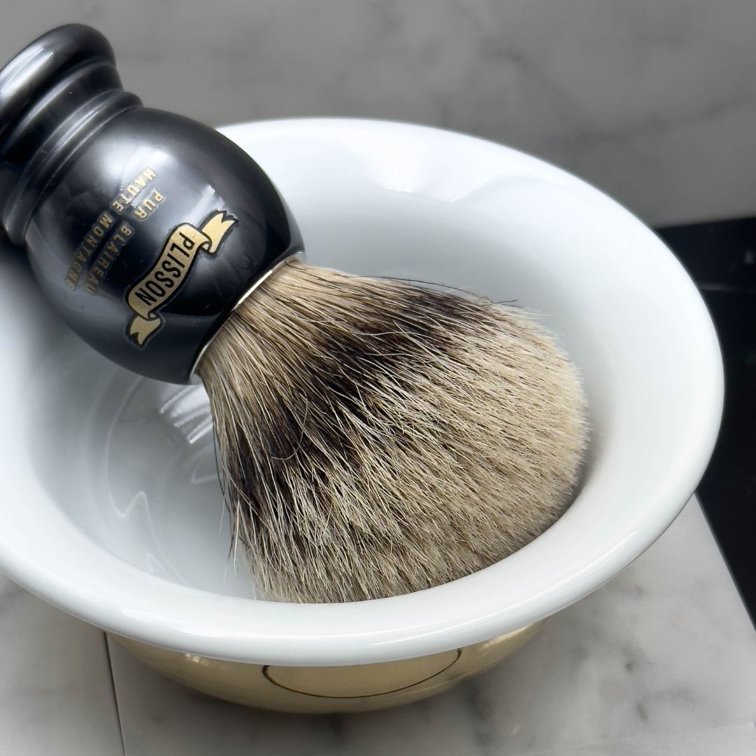Plisson Shaving Brush in a bowl close up