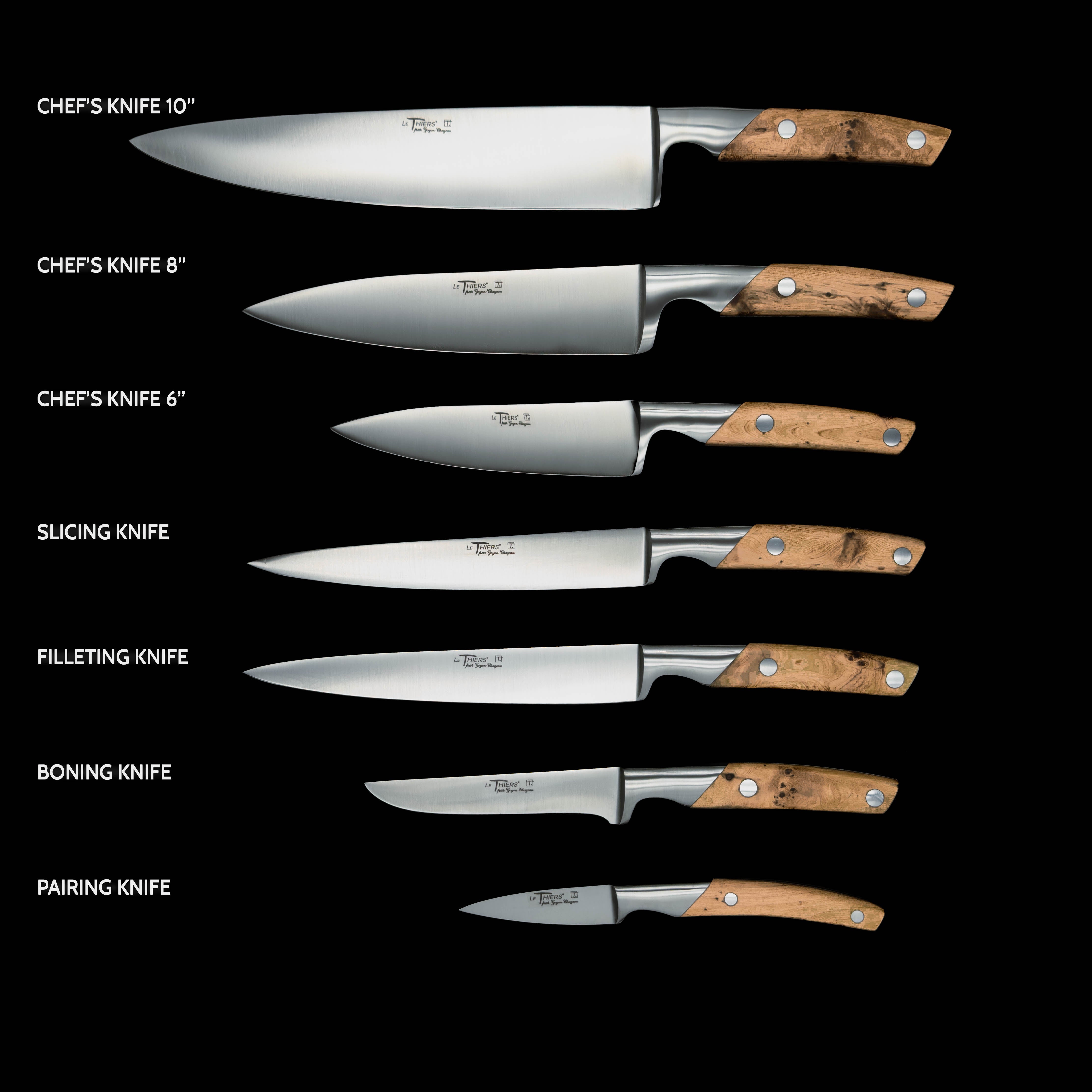 Goyon-Chazeau all knives aligned for size comparison